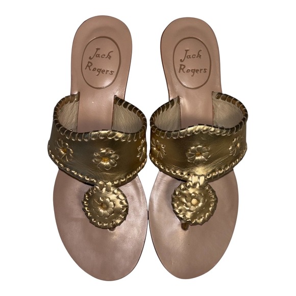 Jack Rogers Shoes - Jack Rogers Mid Wedge Metallic Gold Cork Sandals Whipstitch Slides Womens 6M